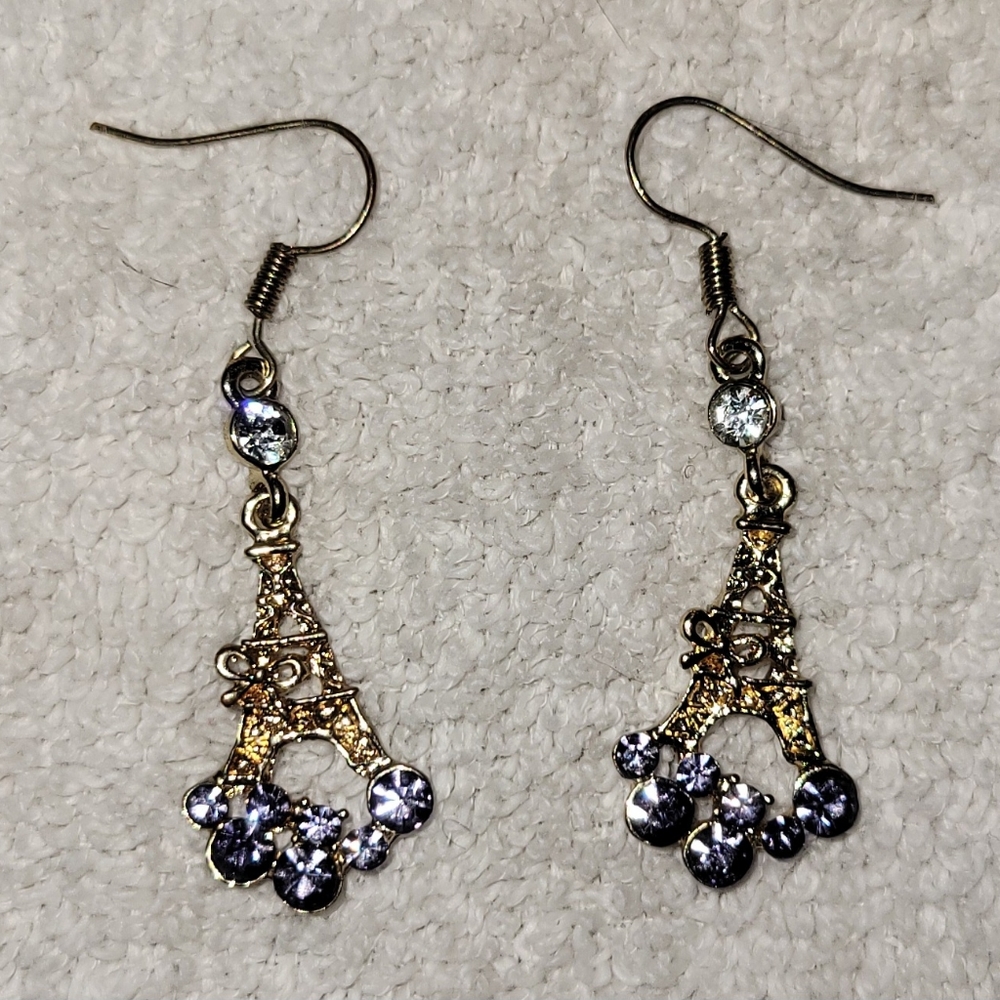 Purple and Gold Eiffel Tower Dangle Earrings
